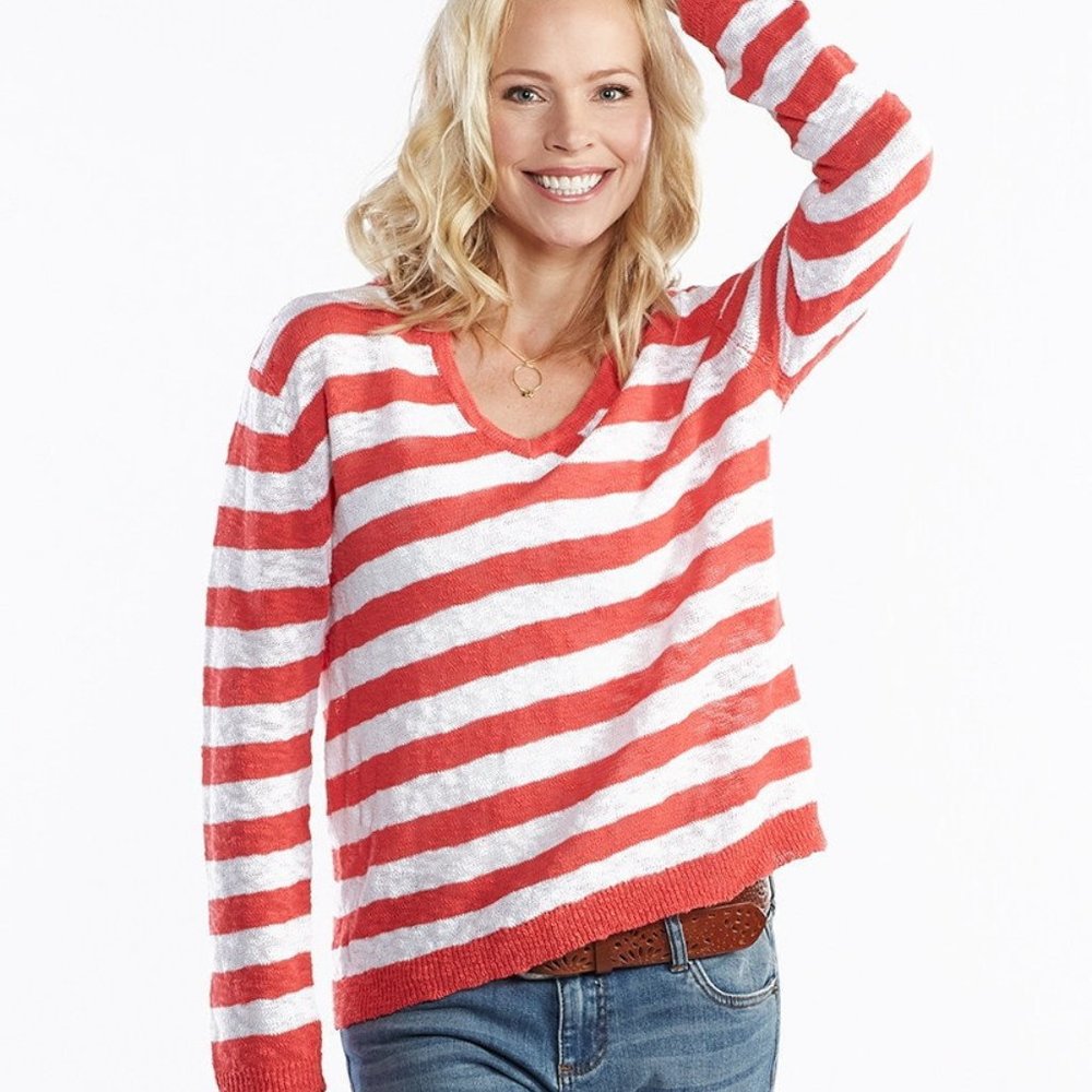 FRESH PRODUCE Los Cabos Stripe Hooded Pullover Sweater XS/Small Hibiscus Red $69